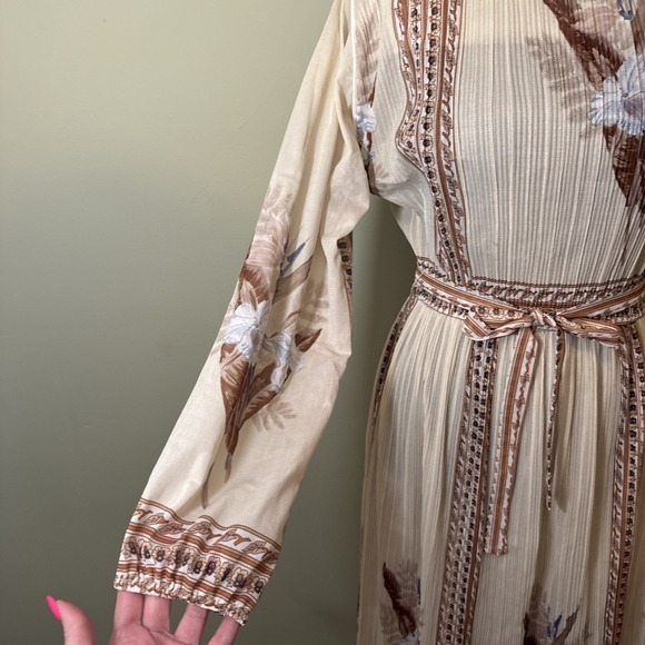 Vintage Hal Ferman Dress 1970s Boho Cream Brown Floral Sheer Long Sleeve Size 8 - Picture 3 of 10